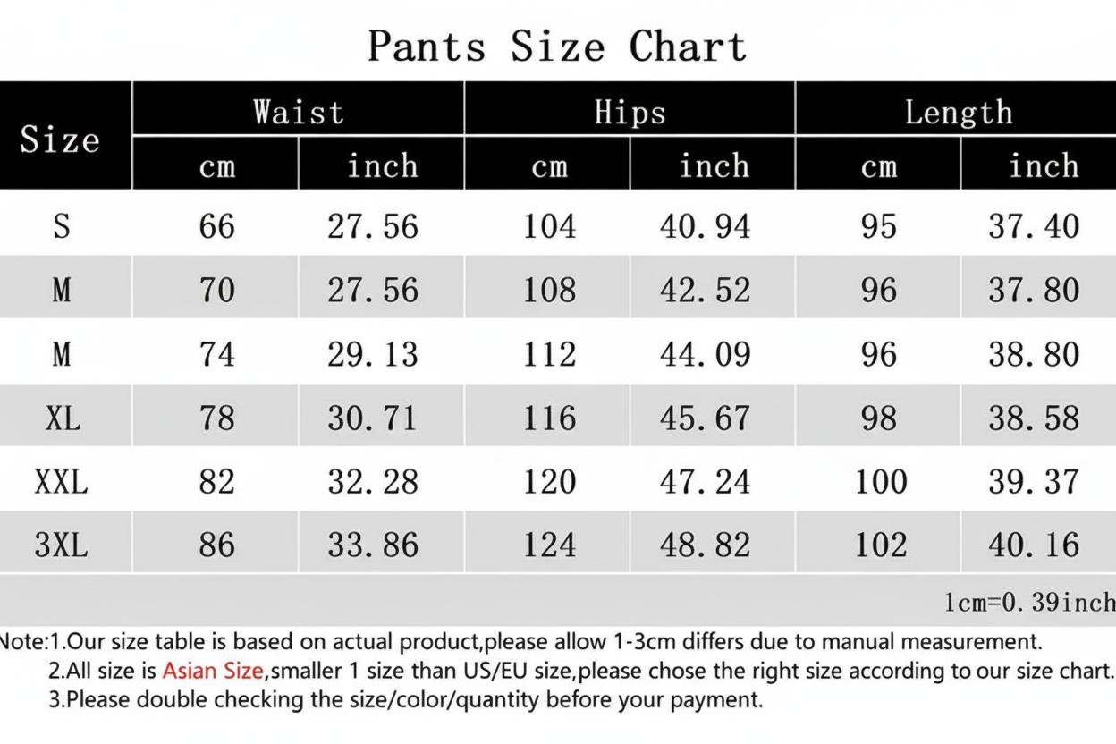 Pants Size Chart - Black & White